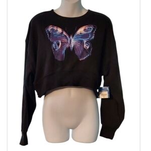 NWT Arizona Jean Company's Black Butterfly Print Cropped Sweatshirt ~M